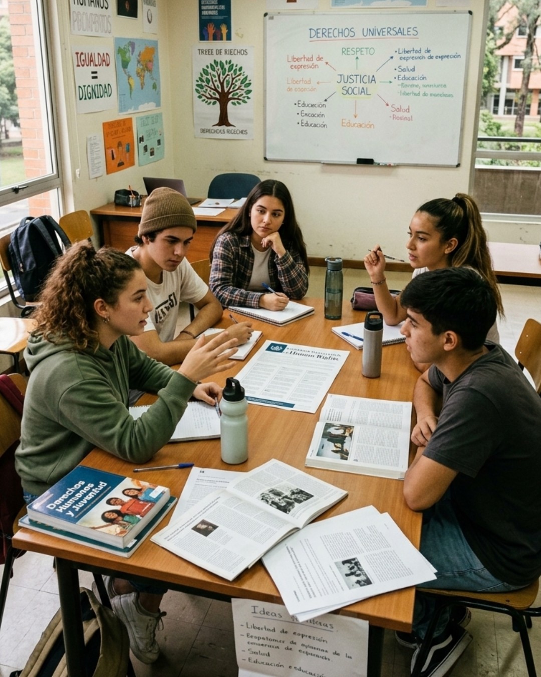 Jóvenes debatiendo sobre derechos humanos