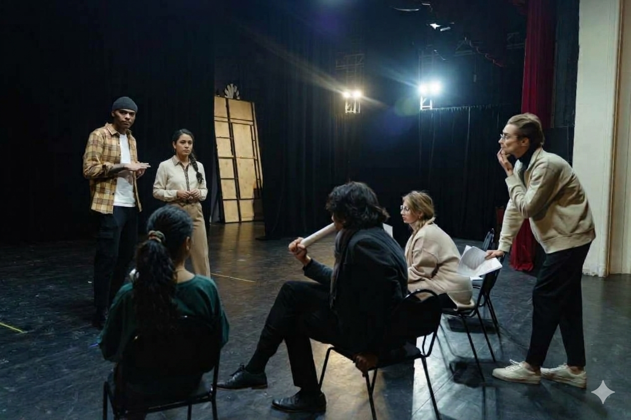 Jóvenes actores ensayando en un escenario